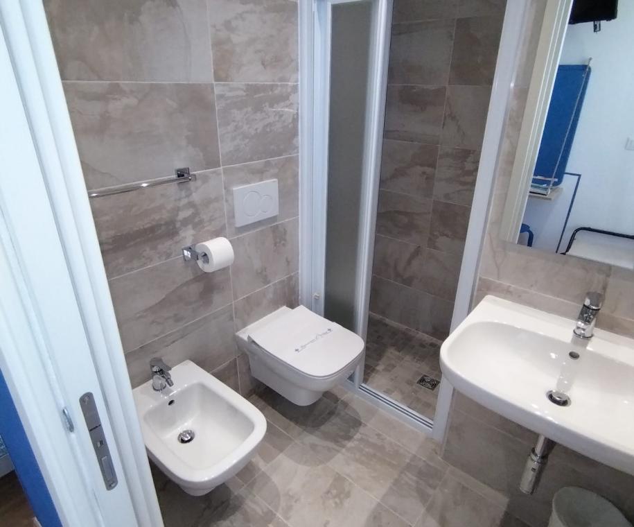 Bagno moderno con doccia, bidet e lavabo.